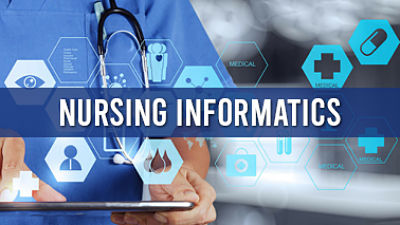 Picture of a Nurse (neck down shot) holding a tablet. There is small medical icons across the picture. It says:
 
Nursing Informatics